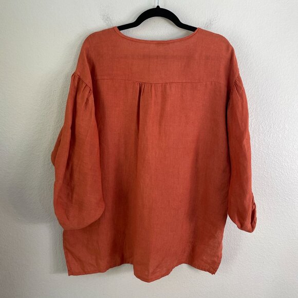 Bellambra Womens Large 100% Linen Oversized Rust Orange Top Gathered Sleeve - Picture 10 of 10